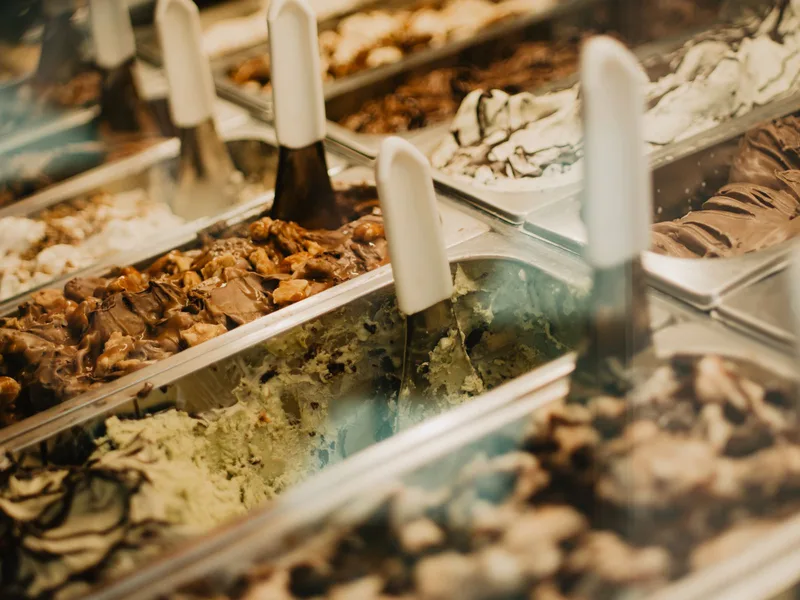 Gelato counter with colourful flavours at Giolitti in Rome